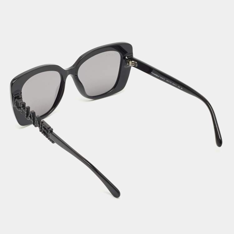 Pre Owned Chanel Black Polarized  5422B Logo Crystals Cat Eye Sunglasses
