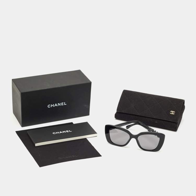 Pre Owned Chanel Black Polarized  5422B Logo Crystals Cat Eye Sunglasses