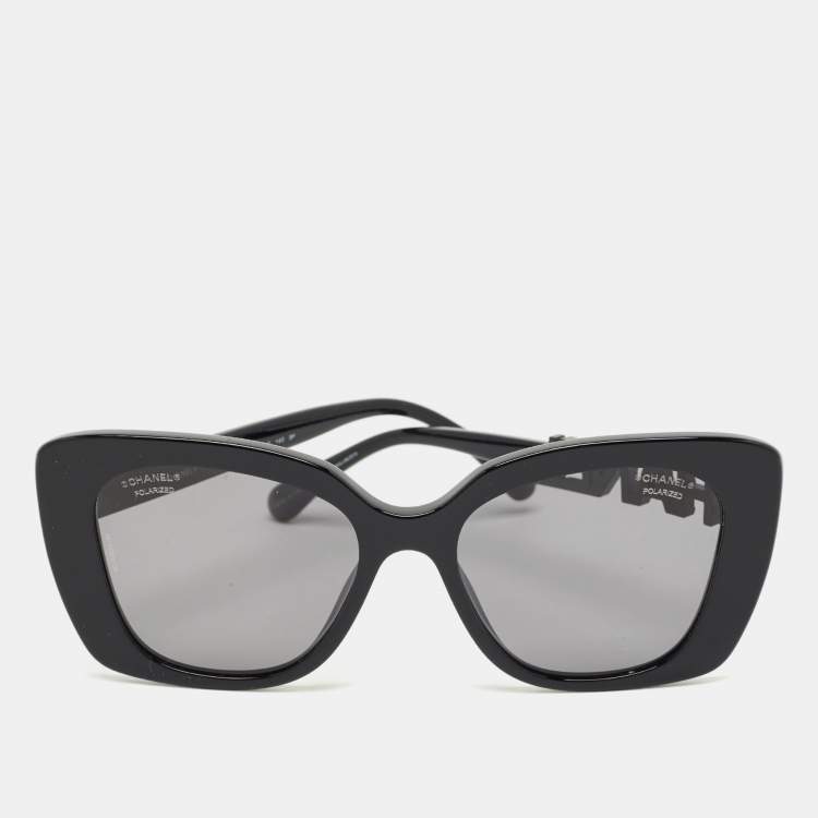 Pre Owned Chanel Black Polarized  5422B Logo Crystals Cat Eye Sunglasses