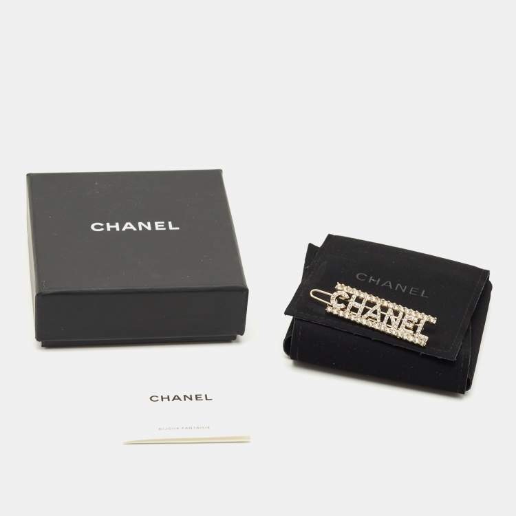 Pre Owned Chanel Logo Crystals Gold Tone Hair Clip
