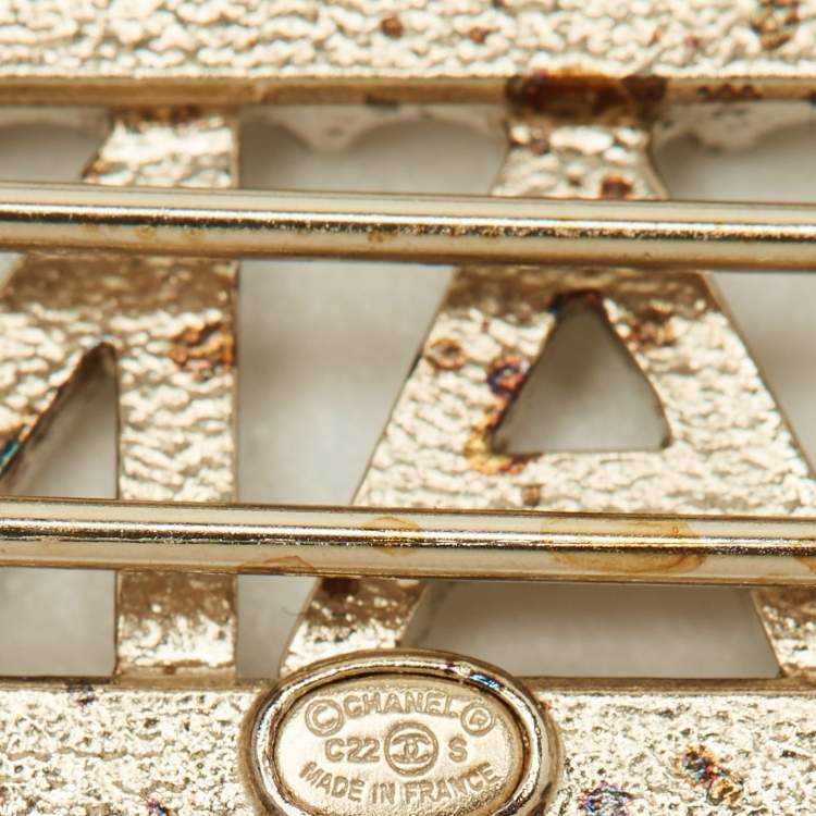 Pre Owned Chanel Logo Crystals Gold Tone Hair Clip