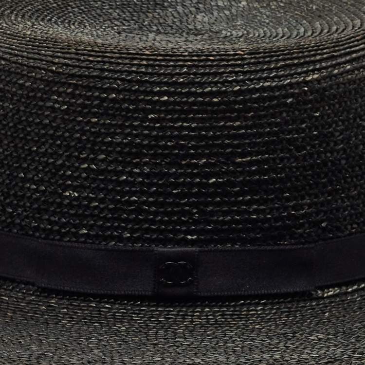 Pre Owned Chanel Black CC Straw Wide Sun Hat M