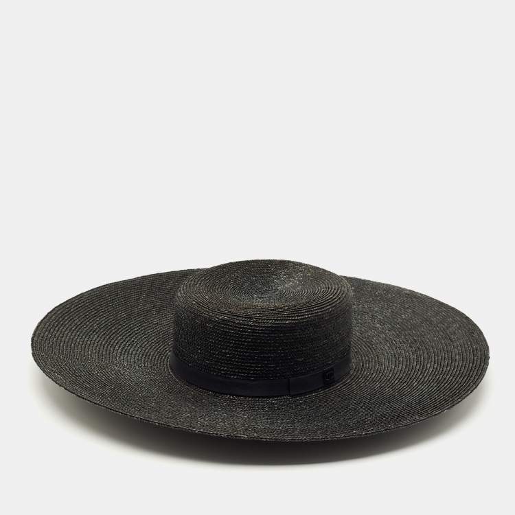 Pre Owned Chanel Black CC Straw Wide Sun Hat M