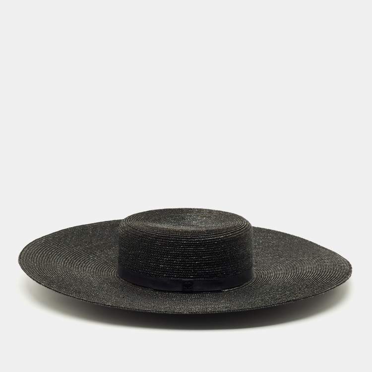 Pre Owned Chanel Black CC Straw Wide Sun Hat M