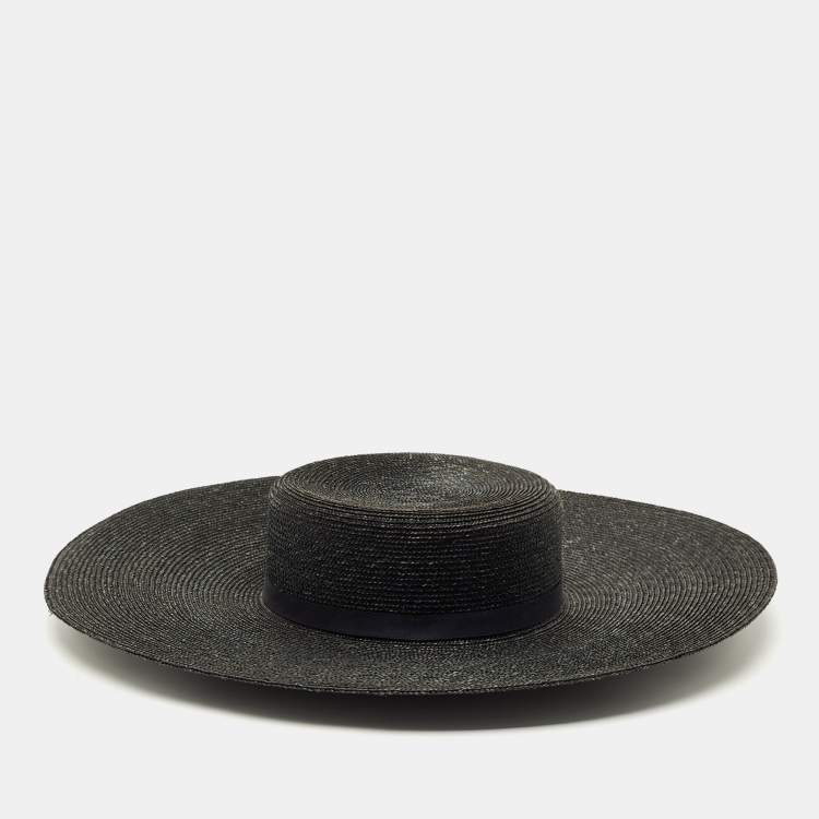 Pre Owned Chanel Black CC Straw Wide Sun Hat M