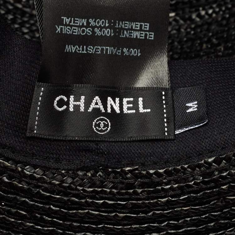 Pre Owned Chanel Black CC Straw Wide Sun Hat M