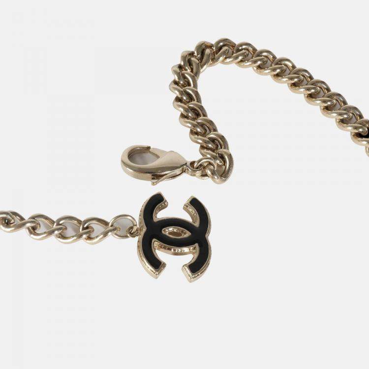 Pre Owned Chanel 2022 Black & White Enamel Gold Plated Logo Belt