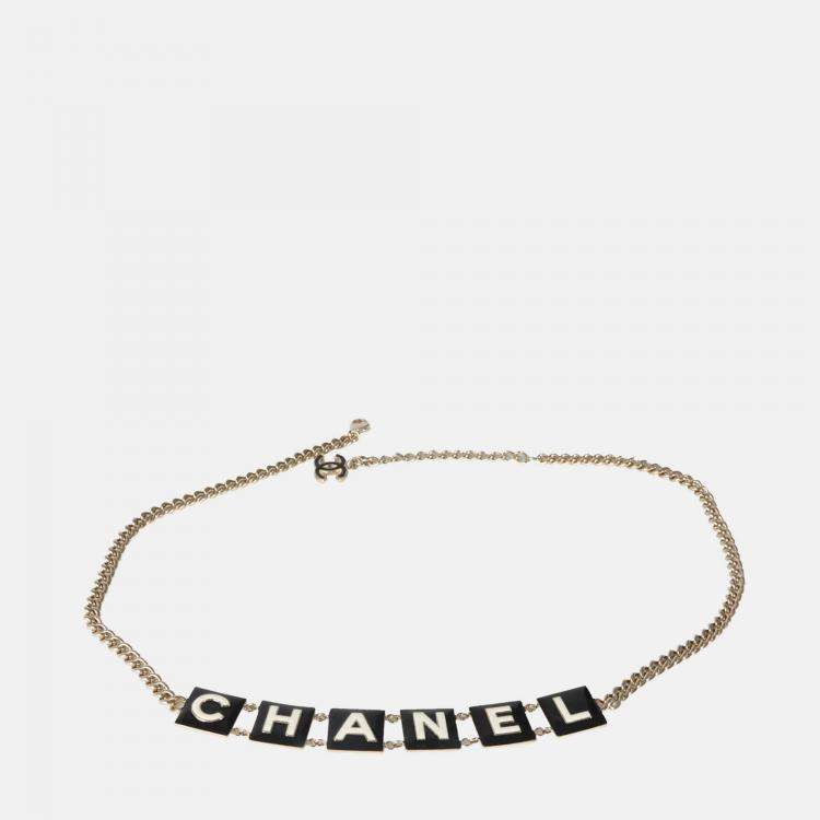 Pre Owned Chanel 2022 Black & White Enamel Gold Plated Logo Belt