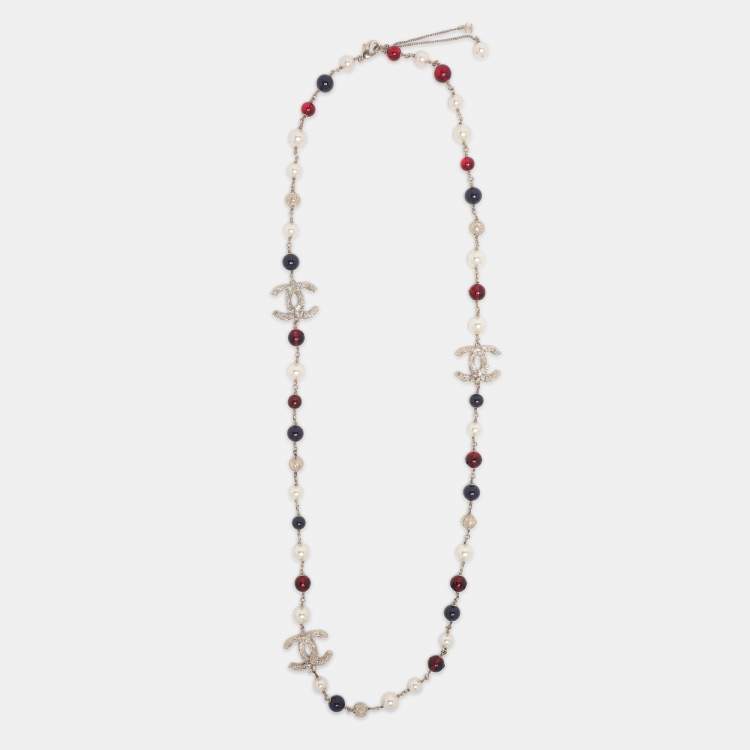 Pre Owned Chanel CC Resin Faux Pearl Gold Tone Long Necklace