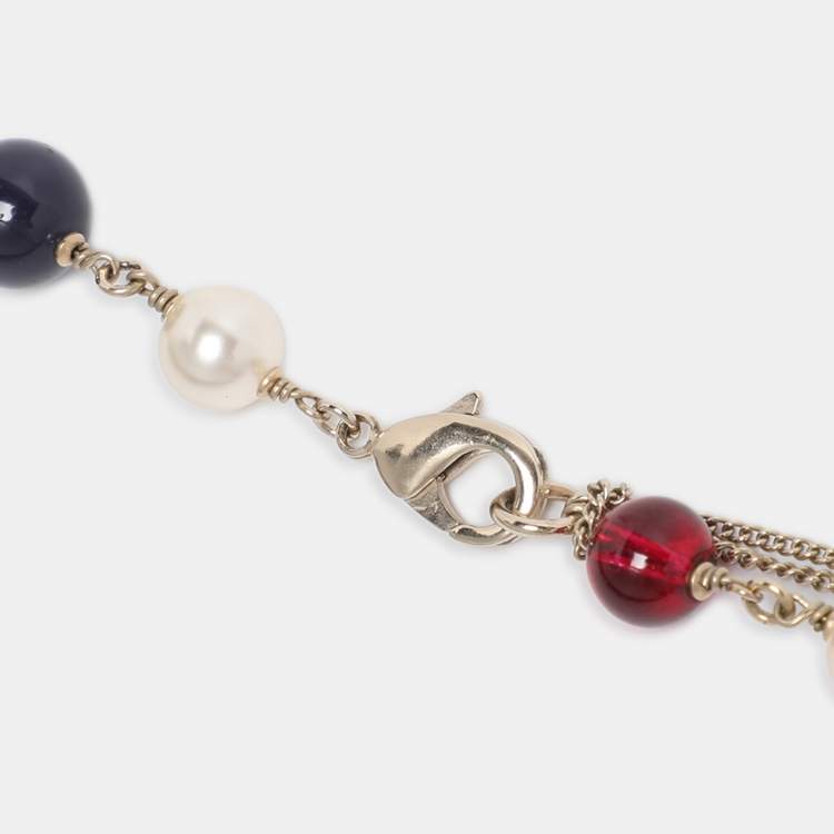 Pre Owned Chanel CC Resin Faux Pearl Gold Tone Long Necklace