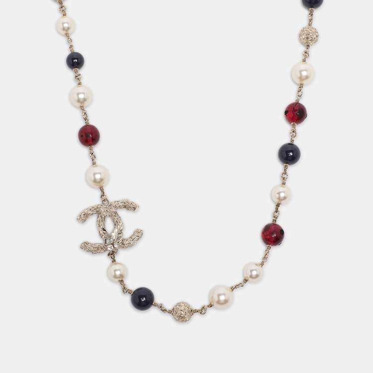 Pre Owned Chanel CC Resin Faux Pearl Gold Tone Long Necklace