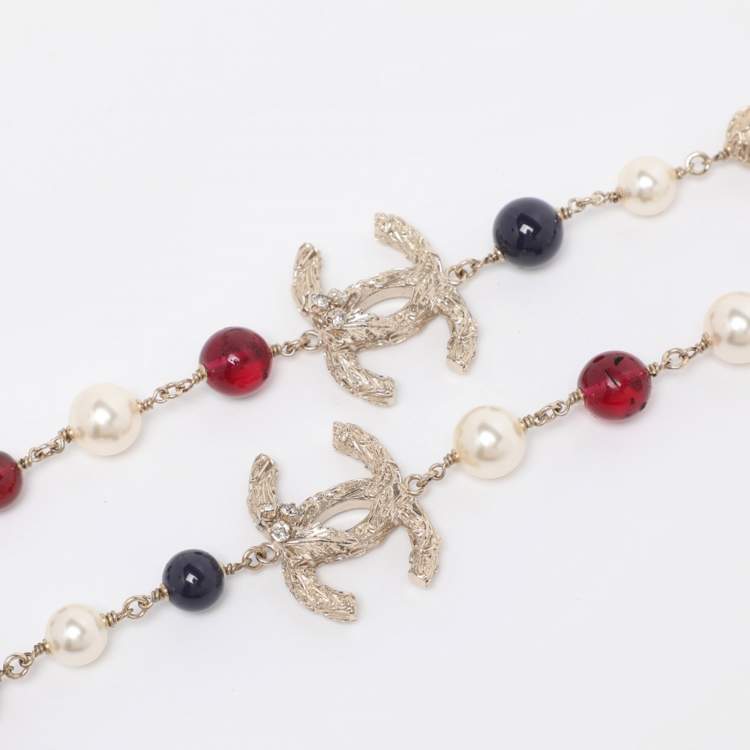 Pre Owned Chanel CC Resin Faux Pearl Gold Tone Long Necklace