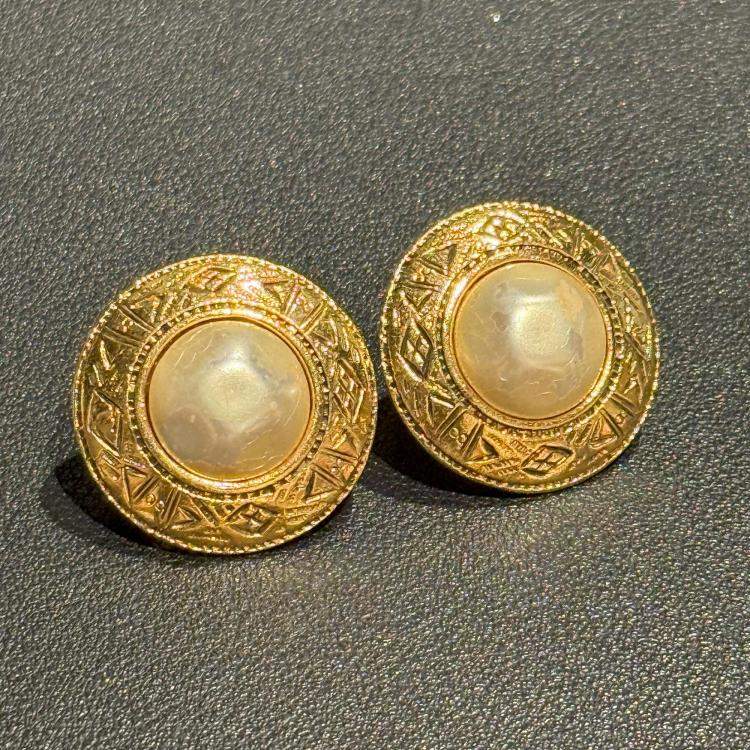 Pre Owned Chanel Vintage Aztec Design and Pearl Clip On Earrings