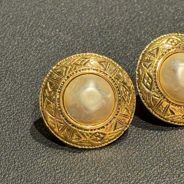 Pre Owned Chanel Vintage Aztec Design and Pearl Clip On Earrings