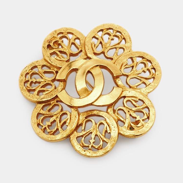 Pre Owned Chanel CC Round Openwork Gold Tone Pin Brooch 