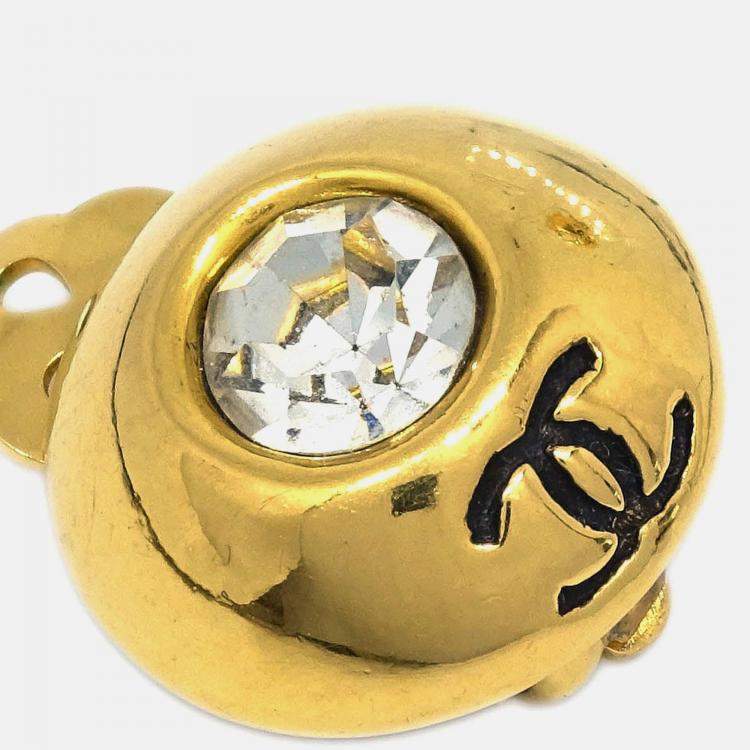 Pre Owned Chanel  Clip-On Rhinestone Gold Button Earrings