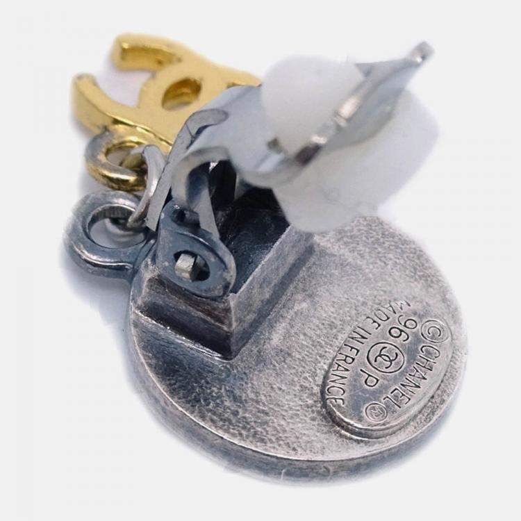 Pre Owned Chanel Dangle Gold Silver Plated Metal Clip-On Earrings 