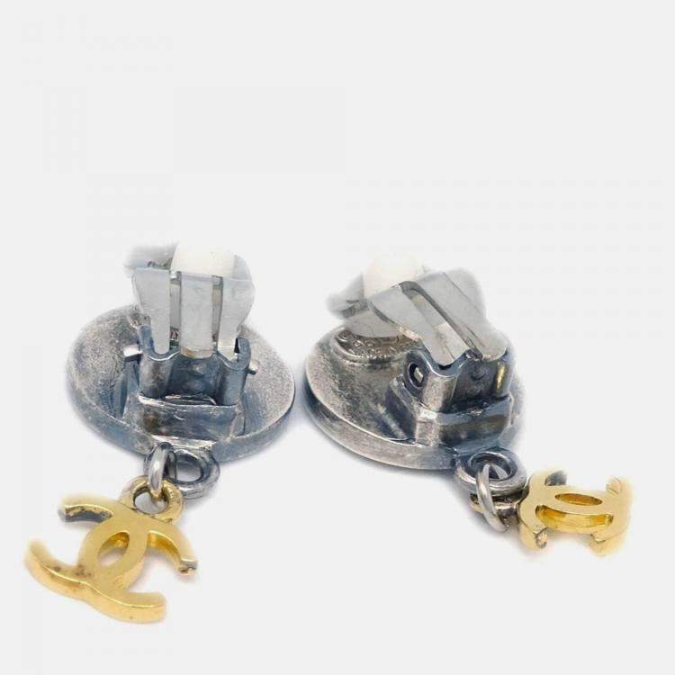 Pre Owned Chanel Dangle Gold Silver Plated Metal Clip-On Earrings 