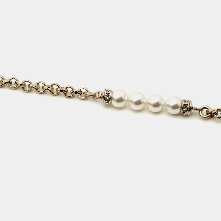 Pre Owned Chanel CC Heart Faux Pearl Enamel Crystals Gold Tone Chain Necklace
