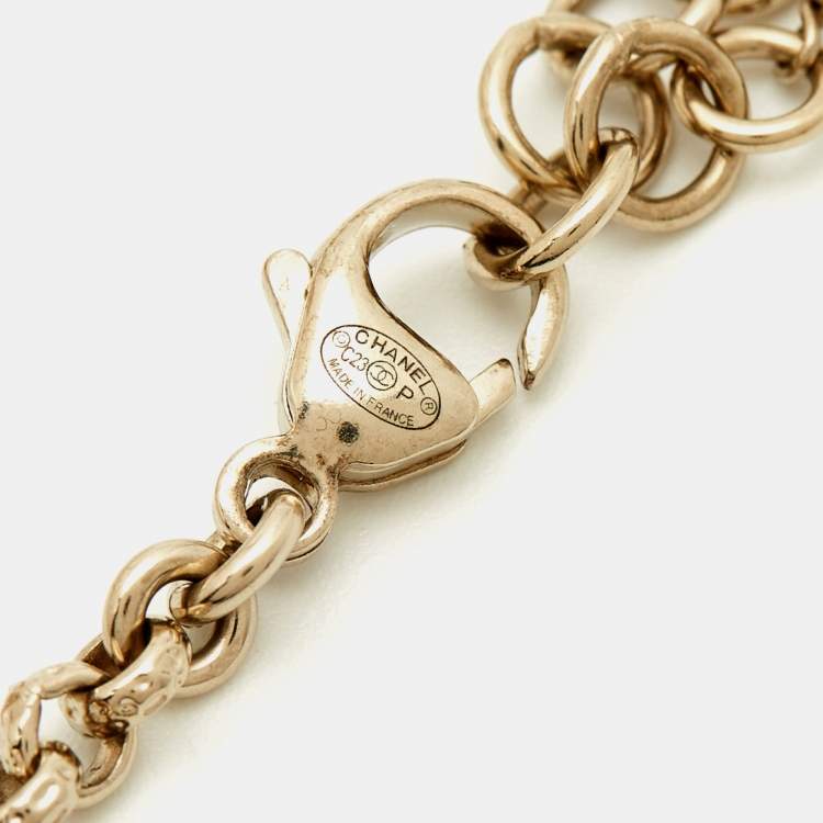 Pre Owned Chanel CC Heart Faux Pearl Enamel Crystals Gold Tone Chain Necklace