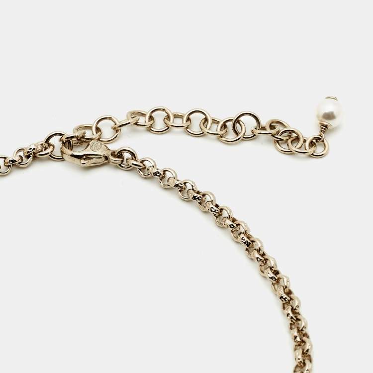 Pre Owned Chanel CC Heart Faux Pearl Enamel Crystals Gold Tone Chain Necklace