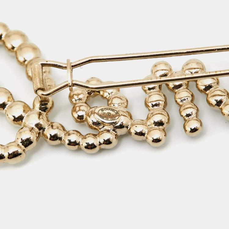 Pre Owned Chanel Logo Faux Pearl Crystals Gold Tone Hair Pin