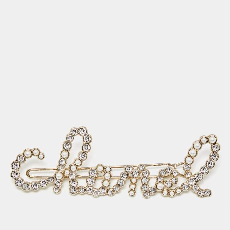 Pre Owned Chanel Logo Faux Pearl Crystals Gold Tone Hair Pin