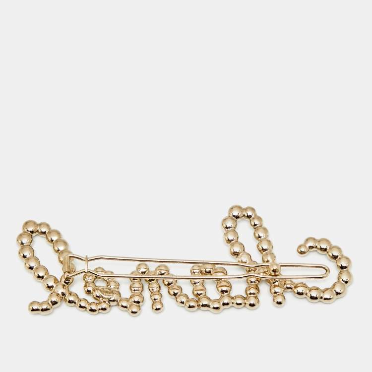Pre Owned Chanel Logo Faux Pearl Crystals Gold Tone Hair Pin