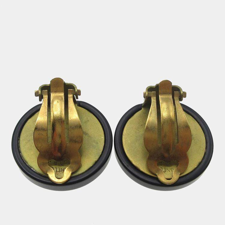Pre Owned Chanel Button Earrings Black Gold Clip-On