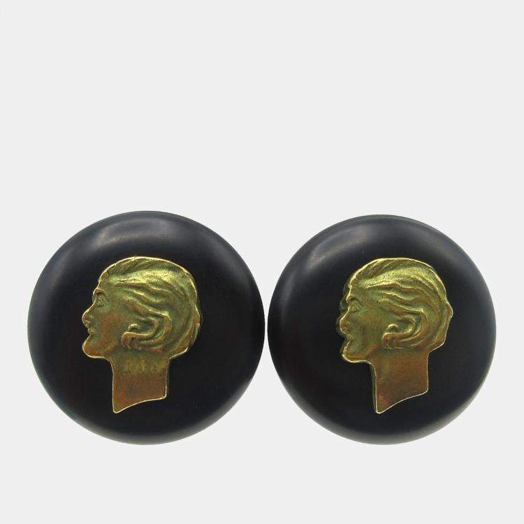 Pre Owned Chanel Button Earrings Black Gold Clip-On