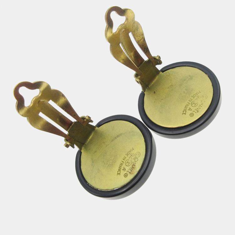 Pre Owned Chanel Button Earrings Black Gold Clip-On