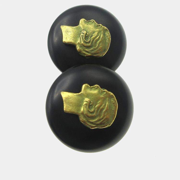 Pre Owned Chanel Button Earrings Black Gold Clip-On