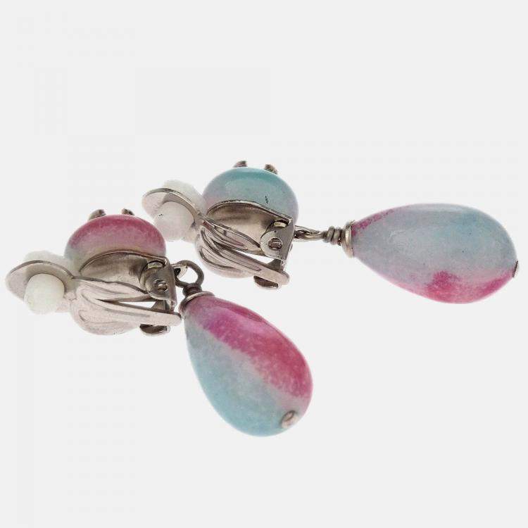 Pre Owned Chanel Dangle Earrings Clip-On Light Blue