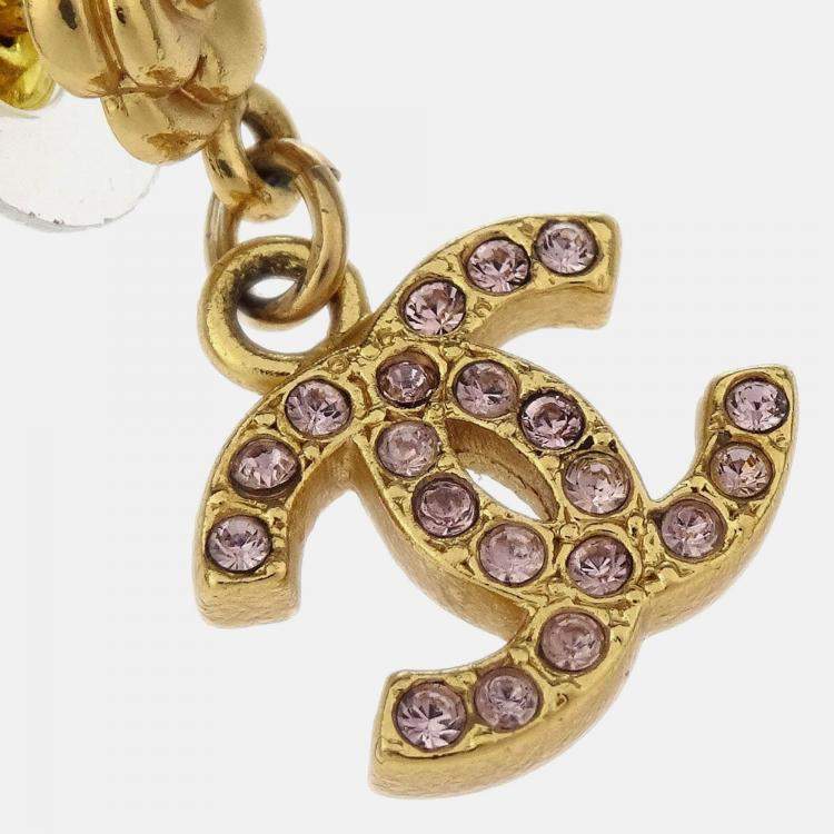 Pre Owned Chanel Dangle CC Piercing Earrings Gold Rhinestone