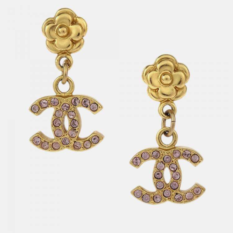Pre Owned Chanel Dangle CC Piercing Earrings Gold Rhinestone
