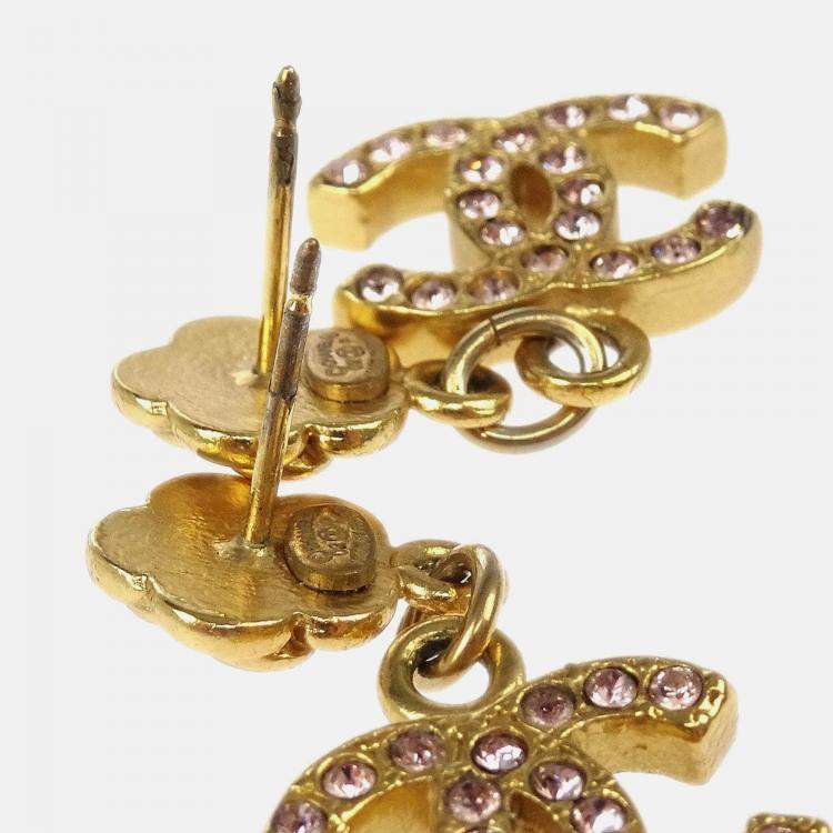 Pre Owned Chanel Dangle CC Piercing Earrings Gold Rhinestone