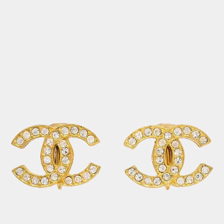 Pre Owned Chanel Gold CC Earrings Clip-On Rhinestone