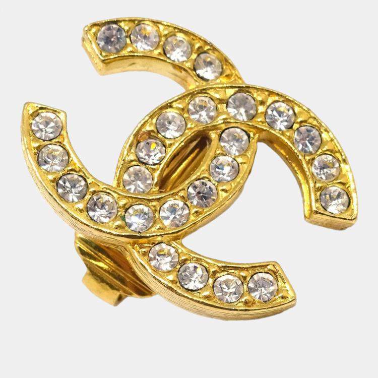 Pre Owned Chanel Gold CC Earrings Clip-On Rhinestone