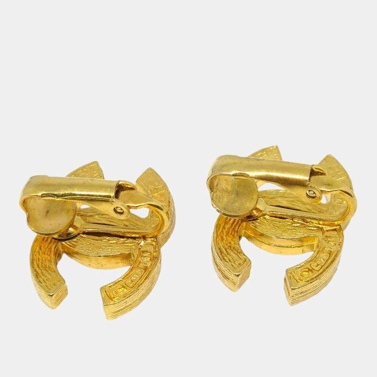 Pre Owned Chanel Gold CC Earrings Clip-On Rhinestone