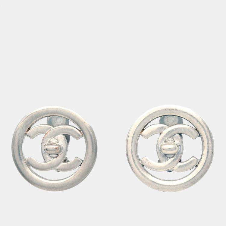 Pre Owned Chanel Turnlock Button Earrings Clip-On Silver