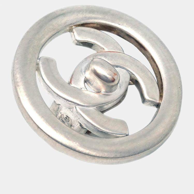 Pre Owned Chanel Turnlock Button Earrings Clip-On Silver