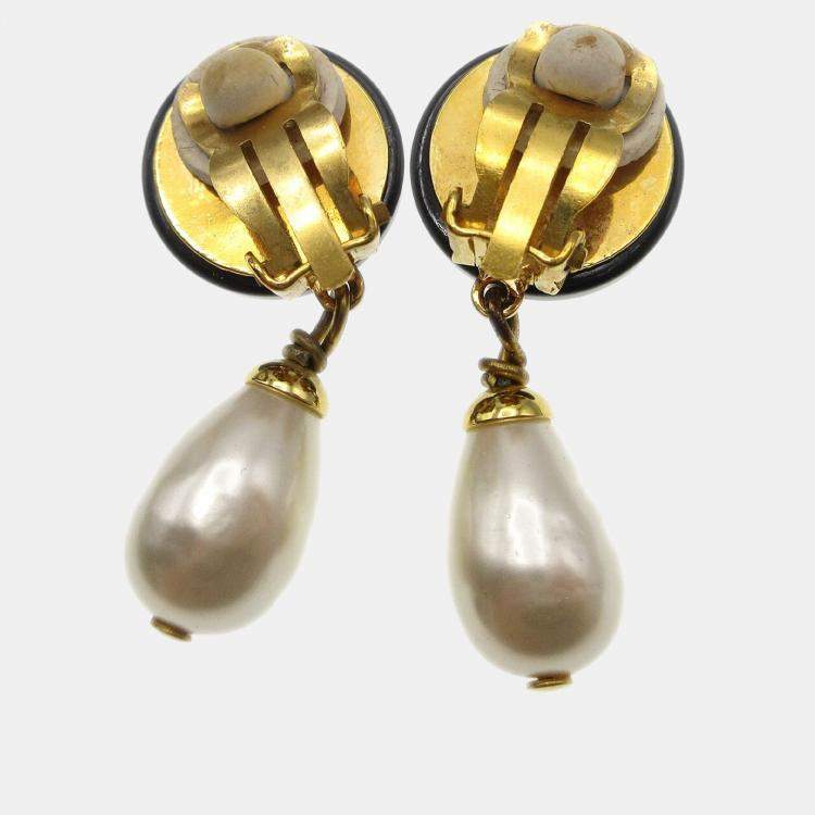 Pre Owned Chanel Artificial Pearl Dangle Earrings Clip-On Gold Black