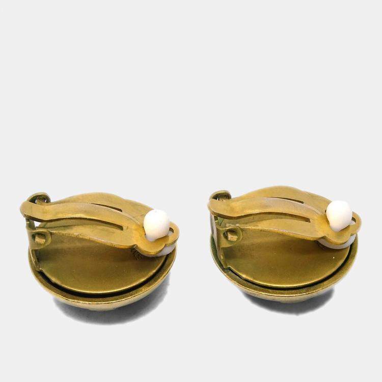 Pre Owned Chanel Button Earrings Clip-On Black Gold