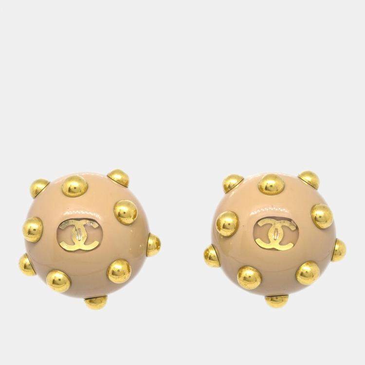 Pre Owned Chanel CC Logos Studs Button Earrings Beige Gold Clip-On