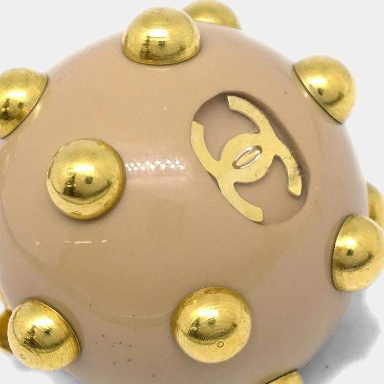 Pre Owned Chanel CC Logos Studs Button Earrings Beige Gold Clip-On