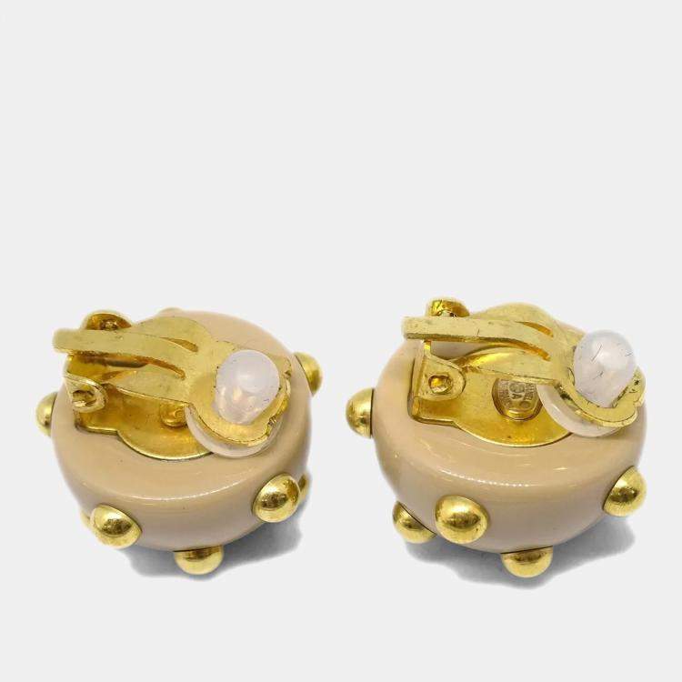 Pre Owned Chanel CC Logos Studs Button Earrings Beige Gold Clip-On