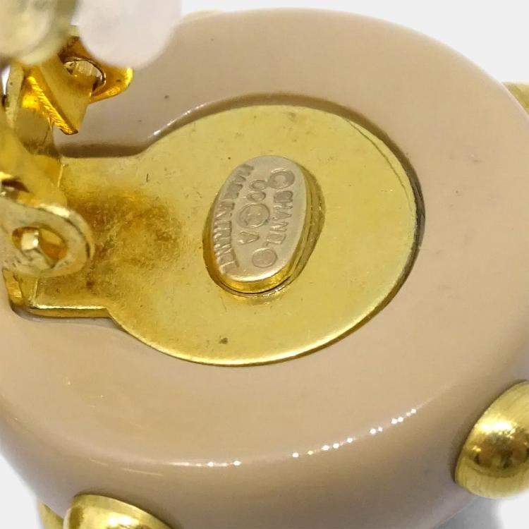 Pre Owned Chanel CC Logos Studs Button Earrings Beige Gold Clip-On