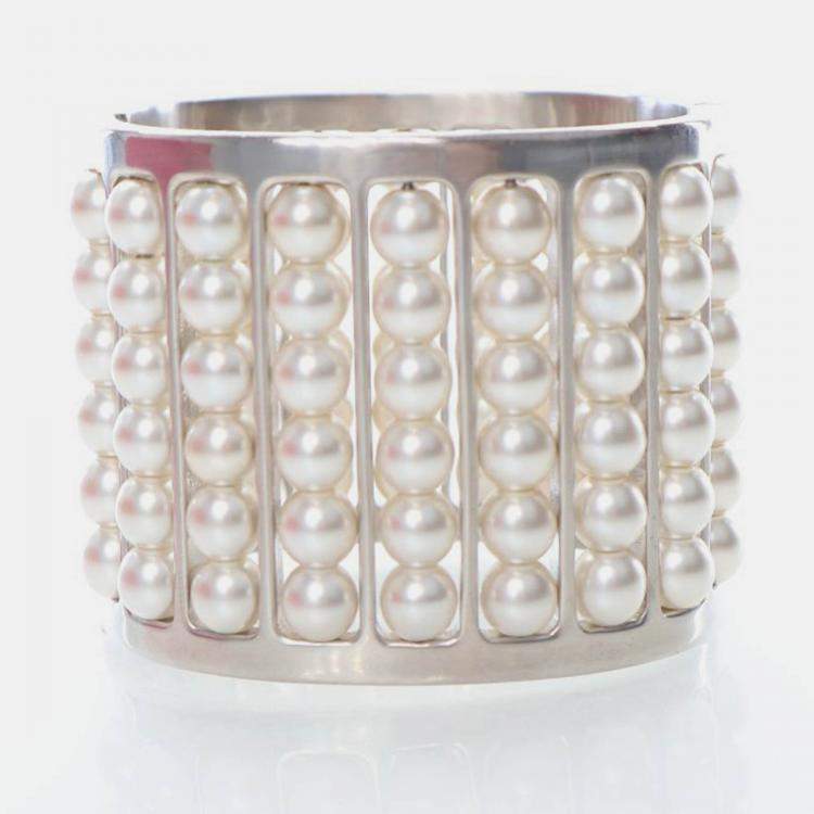 Pre Owned Chanel Classic Wide Faux Pearl Cuff Bracelet