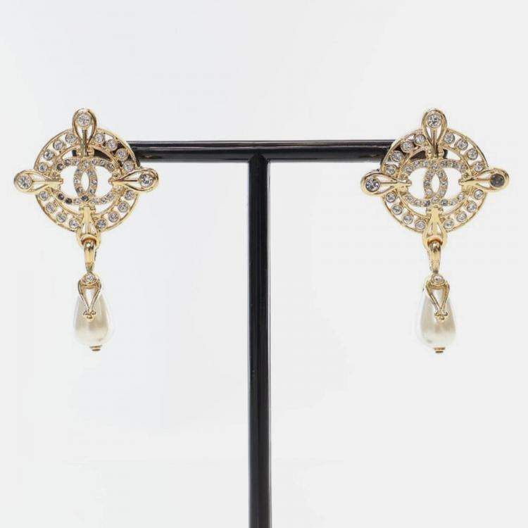 Pre Owned Chanel Coco Mark Faux Pearl Drop Earrings