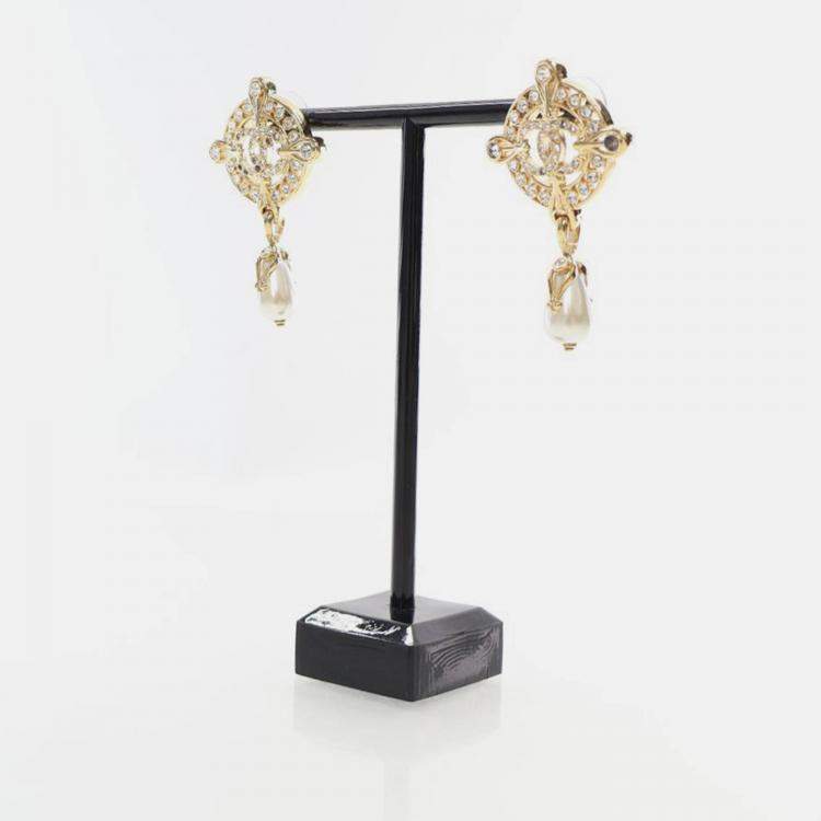 Pre Owned Chanel Coco Mark Faux Pearl Drop Earrings